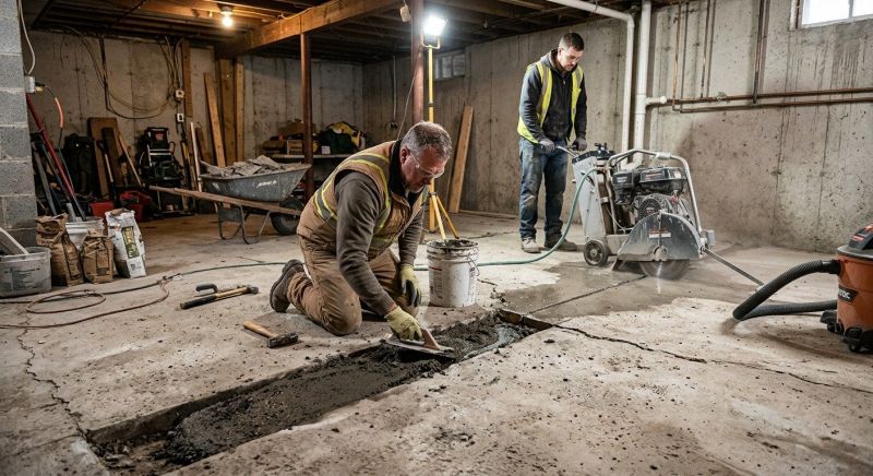 Cracked Basement Floor Repair in Norwell, MA